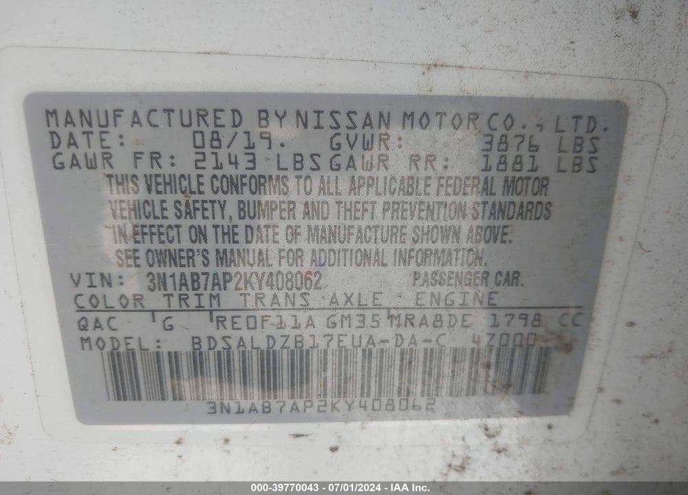 2019 NISSAN SENTRA VIN: 3N1AB7AP2KY408062