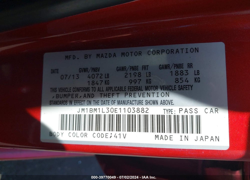 2014 MAZDA 3 S TOURING VIN: JM1BM1L30E1103882