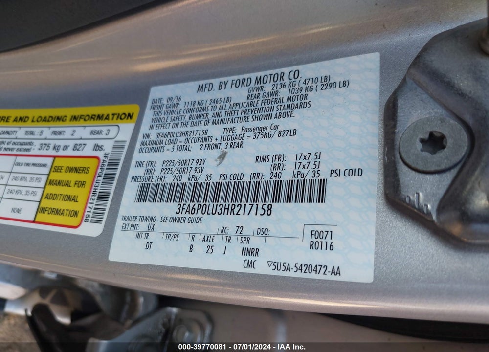 2017 FORD FUSION HYBRID SE VIN: 3FA6P0LU3HR217158