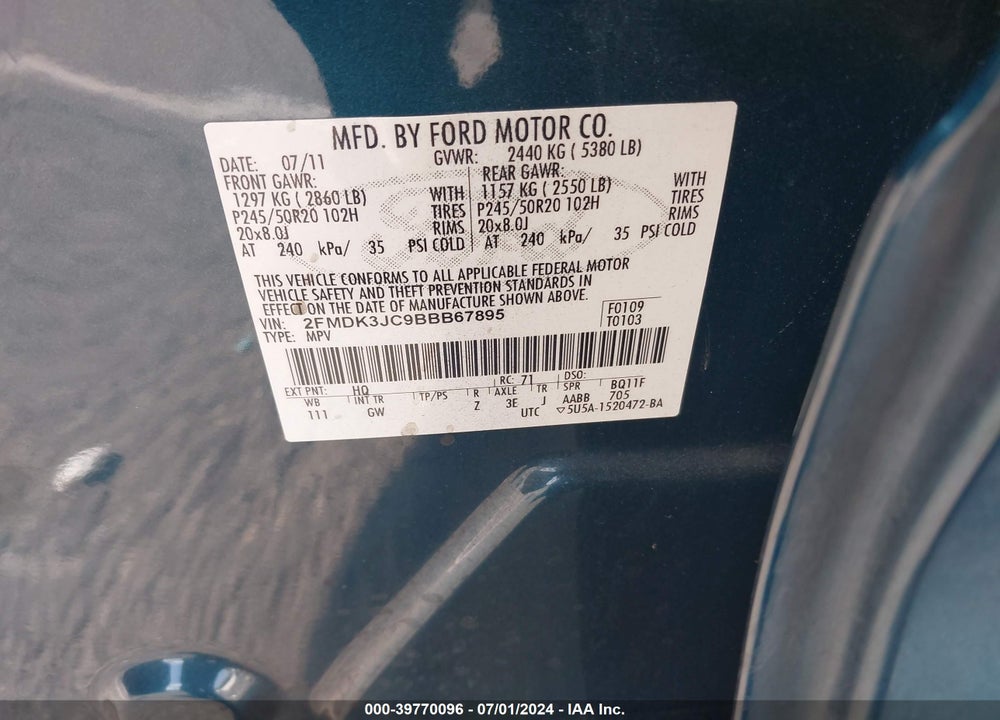 2011 FORD EDGE SEL VIN: 2FMDK3JC9BBB67895