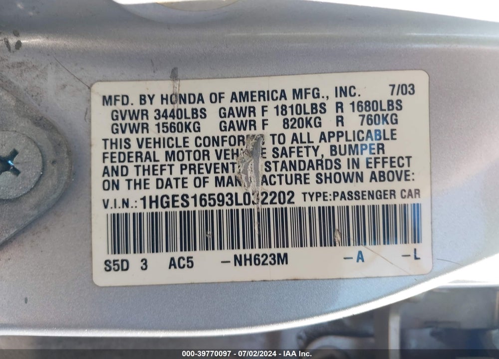 2003 HONDA CIVIC LX VIN: 1HGES16593L032202