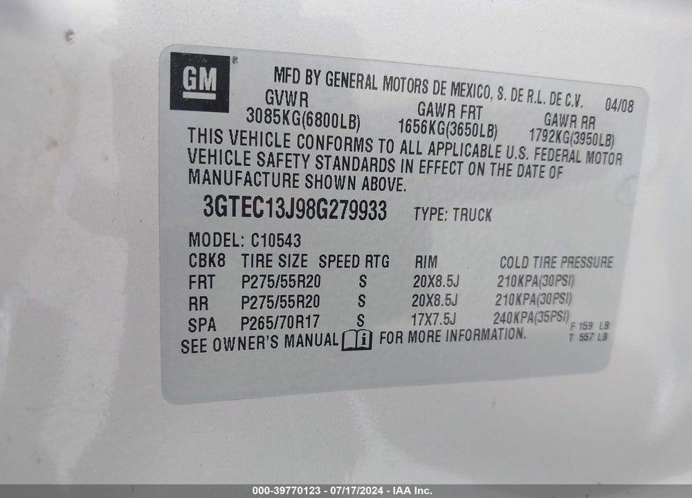 2008 GMC SIERRA 1500 SLE1 VIN: 3GTEC13J98G279933