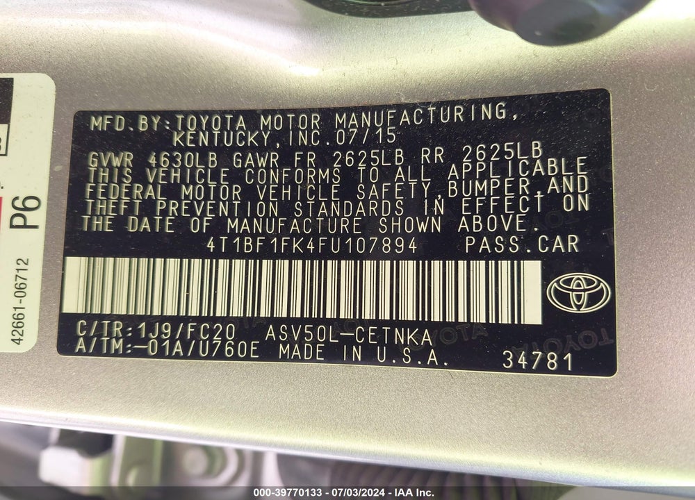2015 TOYOTA CAMRY LE VIN: 4T1BF1FK4FU107894