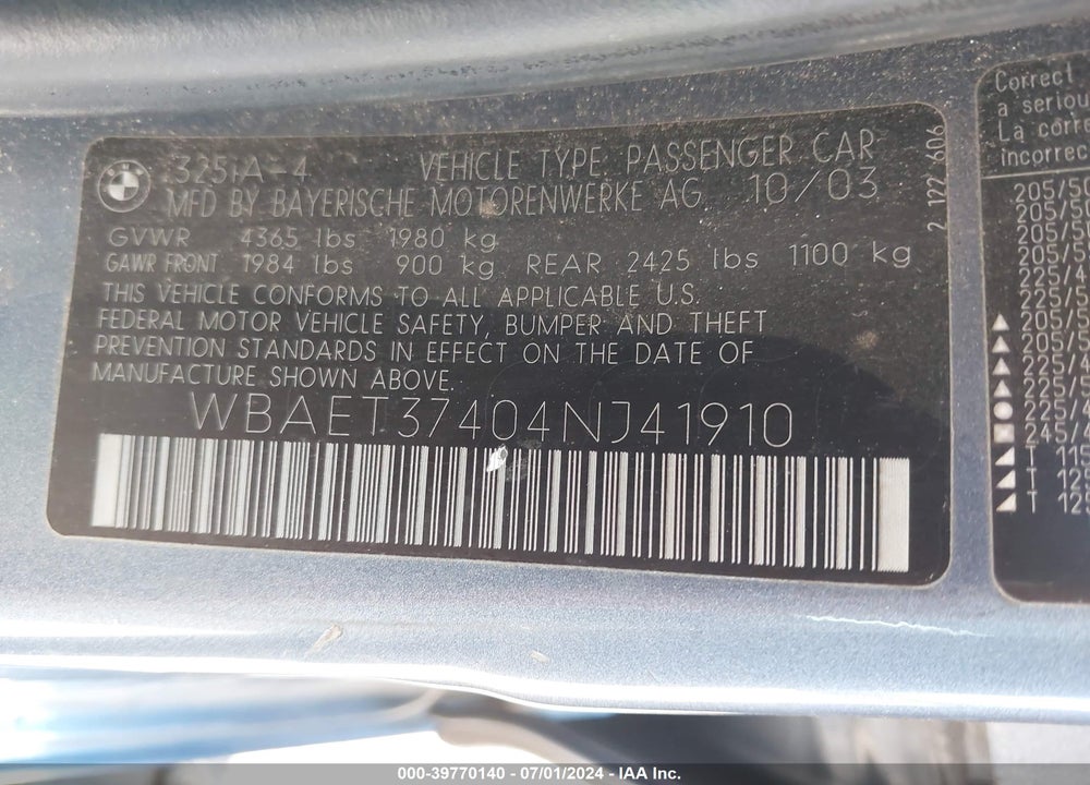 2004 BMW 325I VIN: WBAET37404NJ41910