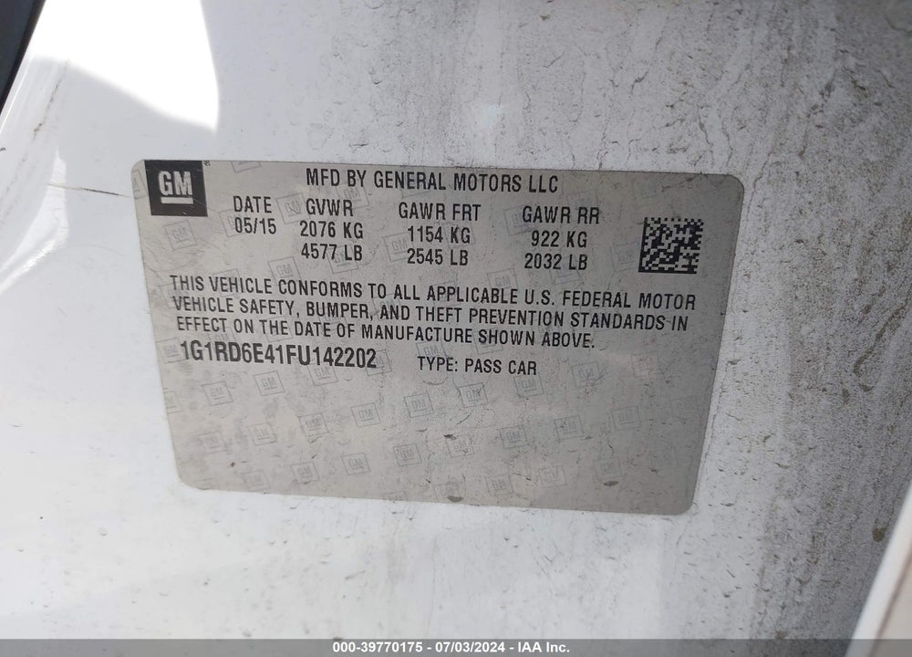 2015 CHEVROLET VOLT VIN: 1G1RD6E41FU142202