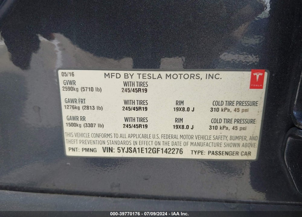 2016 TESLA MODEL S 60/70/75/85 VIN: 5YJSA1E12GF142276