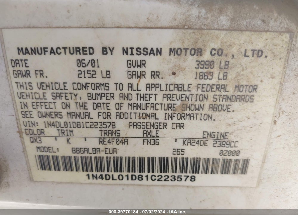 2001 NISSAN ALTIMA GXE VIN: 1N4DL01D81C223578