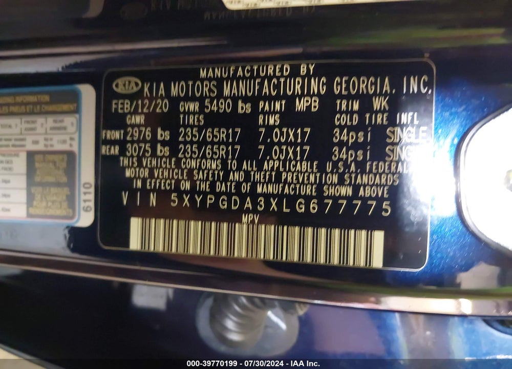 2020 KIA SORENTO 2.4L LX VIN: 5XYPGDA3XLG677775