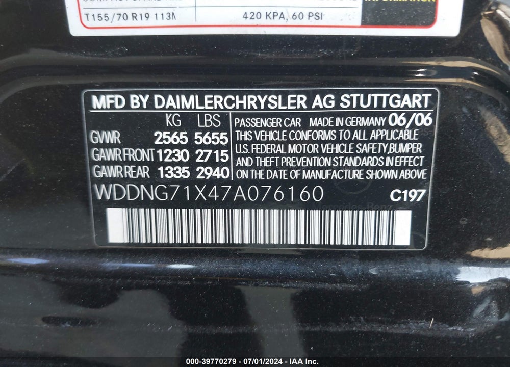2007 MERCEDES-BENZ S 550 VIN: WDDNG71X47A076160