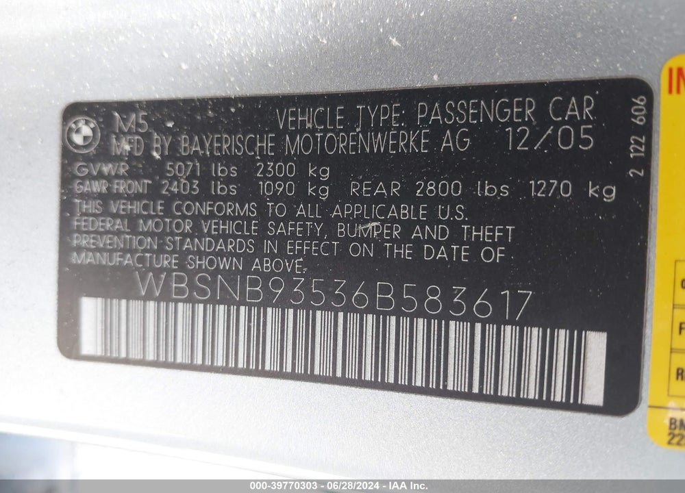 2006 BMW M5 VIN: WBSNB93536B583617