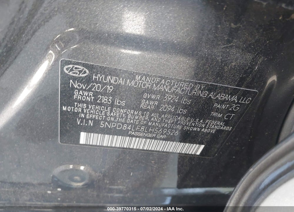 2020 HYUNDAI ELANTRA SEL VIN: 5NPD84LF8LH569526