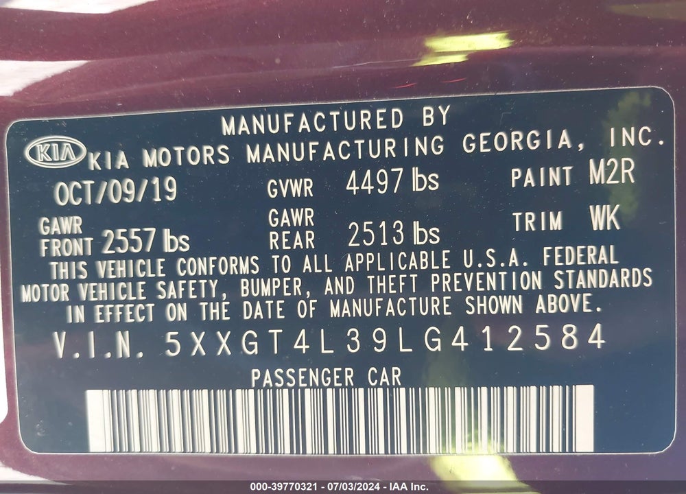 2020 KIA OPTIMA LX VIN: 5XXGT4L39LG412584