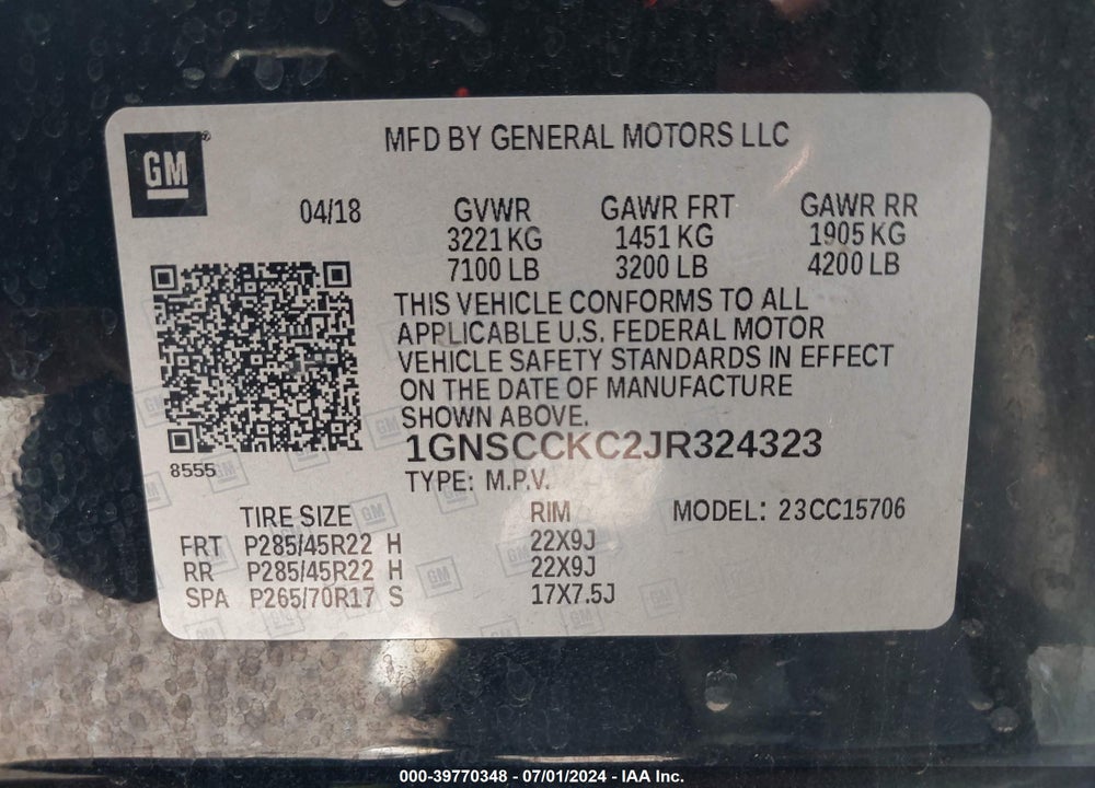 2018 CHEVROLET TAHOE PREMIER VIN: 1GNSCCKC2JR324323
