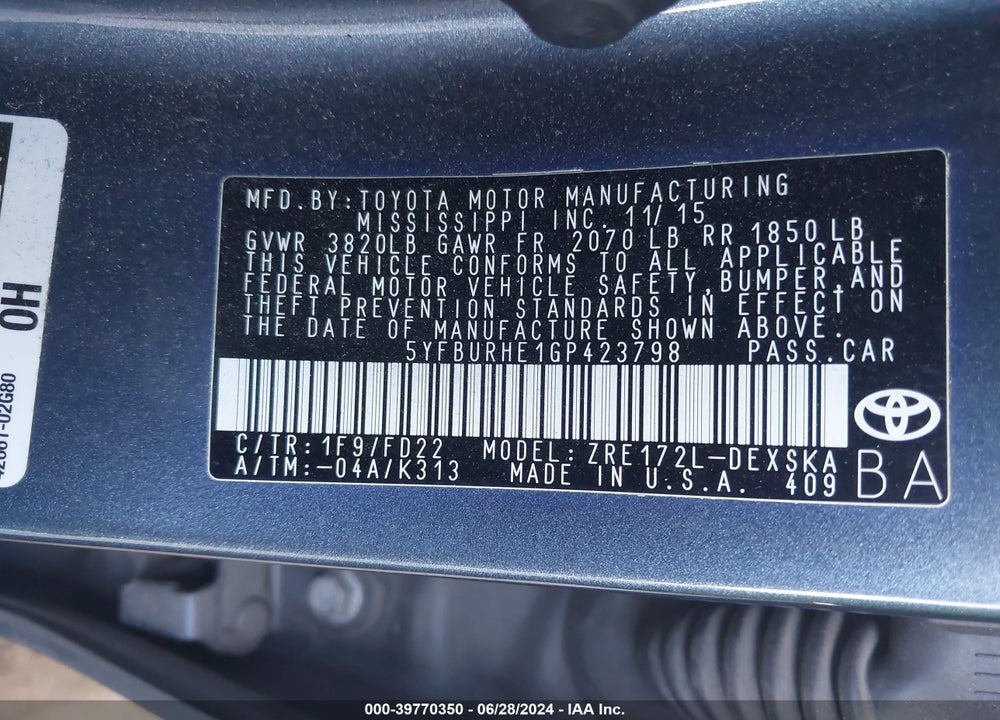 2016 TOYOTA COROLLA S PLUS VIN: 5YFBURHE1GP423798
