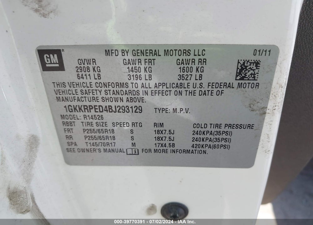 2011 GMC ACADIA SLE VIN: 1GKKRPED4BJ293129