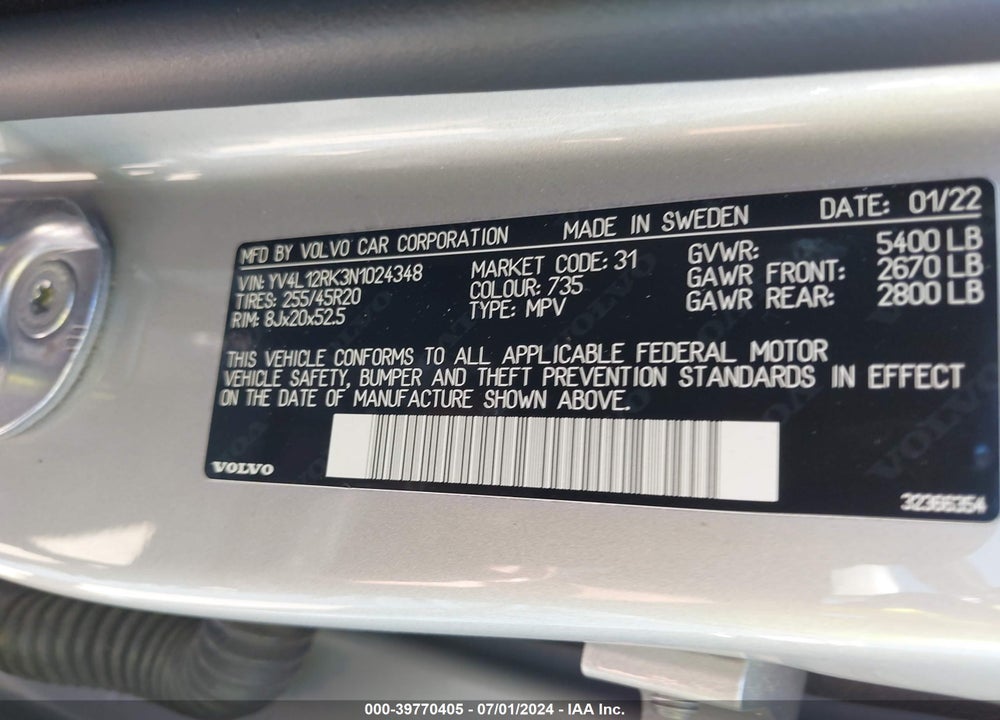 2022 VOLVO XC60 VIN: YV4L12RK3N1024348