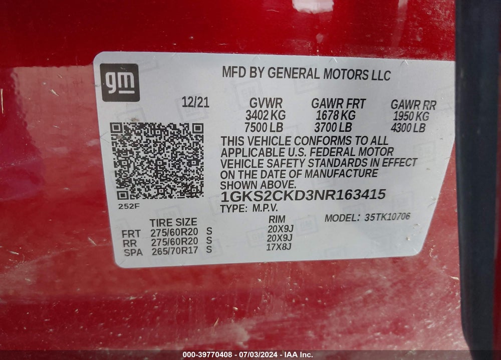 2022 GMC YUKON 4WD AT4 VIN: 1GKS2CKD3NR163415