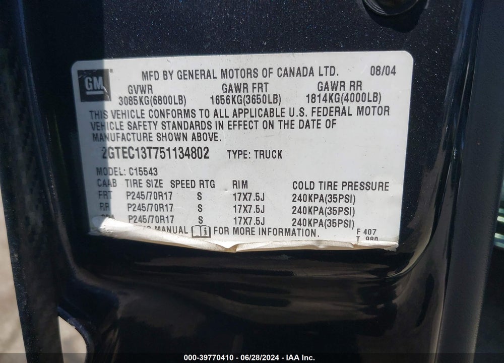 2005 GMC SIERRA 1500 SLT VIN: 2GTEC13T751134802