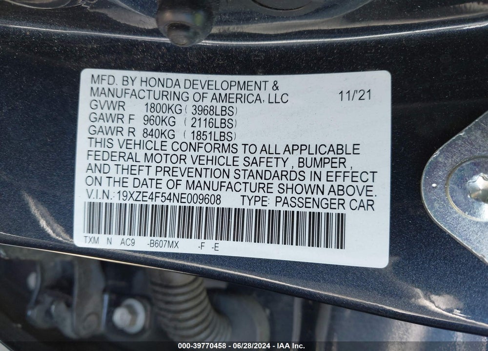 2022 HONDA INSIGHT EX VIN: 19XZE4F54NE009608