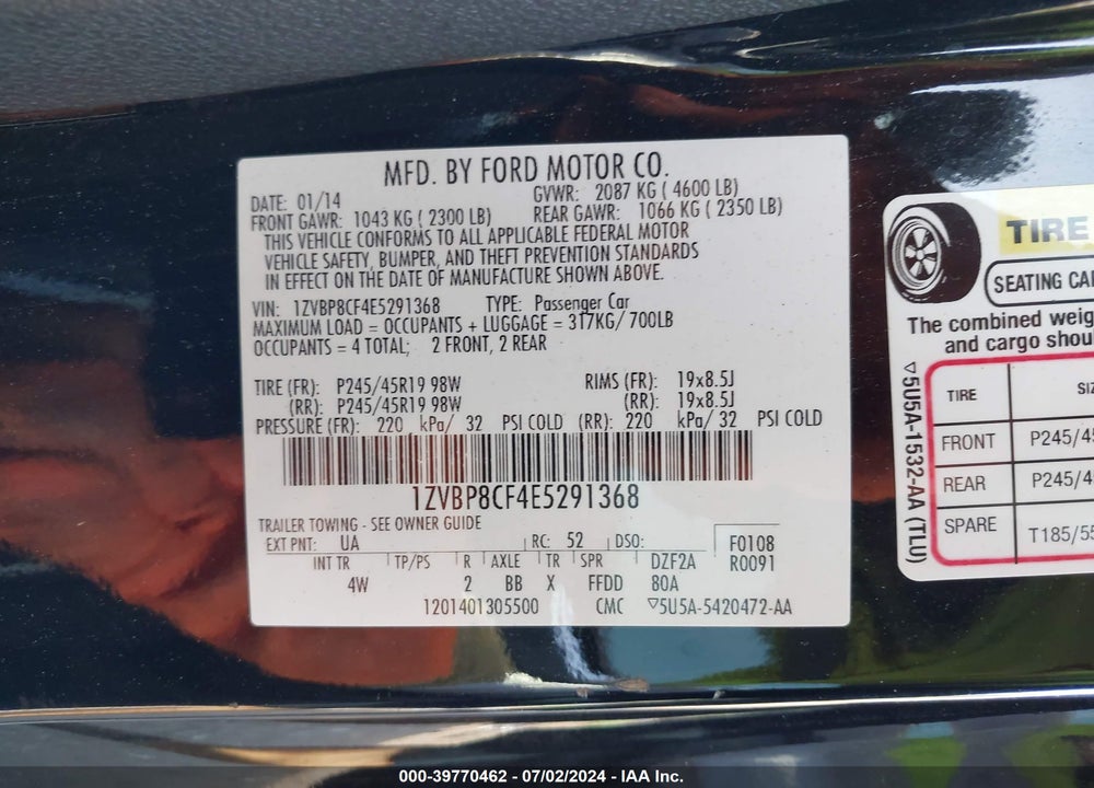 2014 FORD MUSTANG GT PREMIUM VIN: 1ZVBP8CF4E5291368