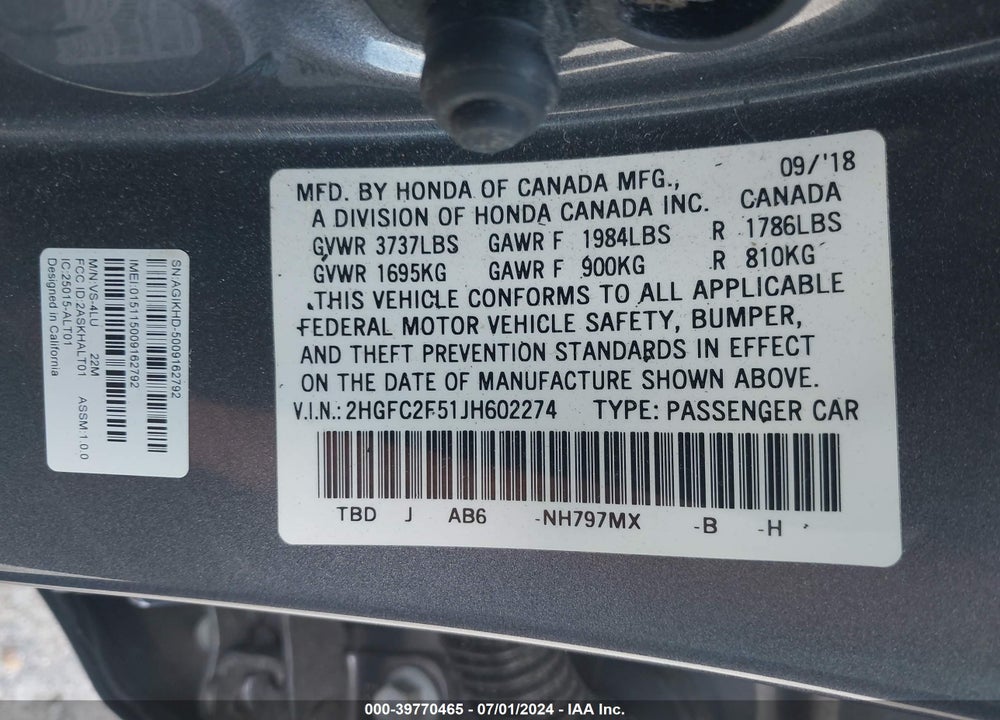 2018 HONDA CIVIC LX VIN: 2HGFC2F51JH602274
