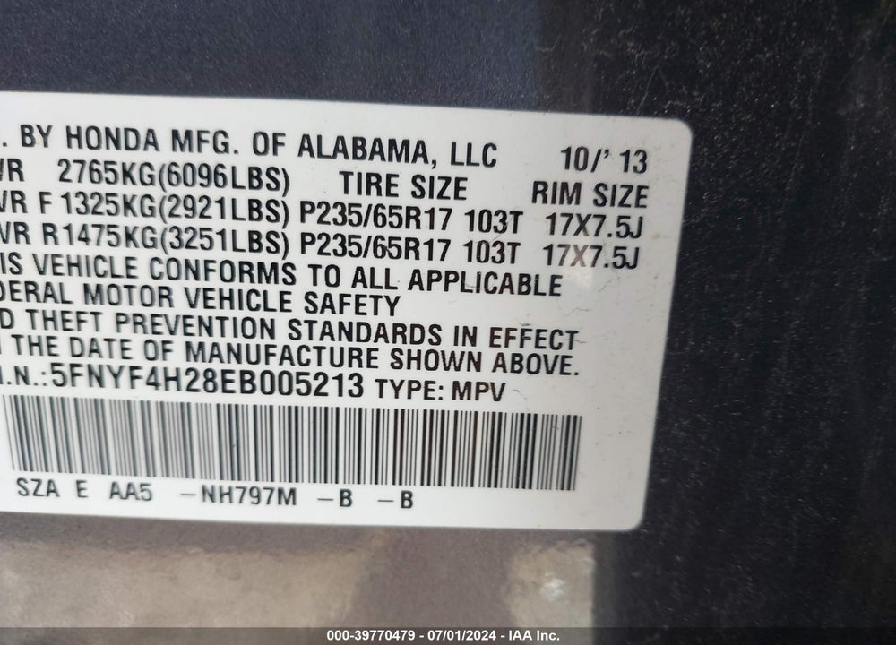 2014 HONDA PILOT LX VIN: 5FNYF4H28EB005213