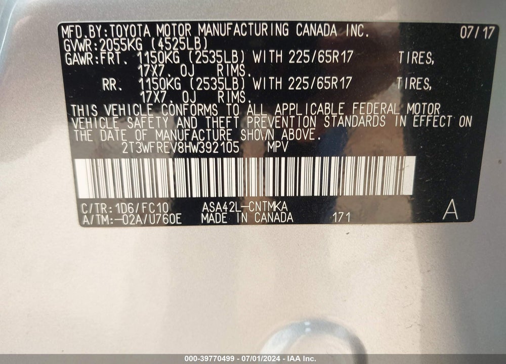 2017 TOYOTA RAV4 XLE VIN: 2T3WFREV8HW392105