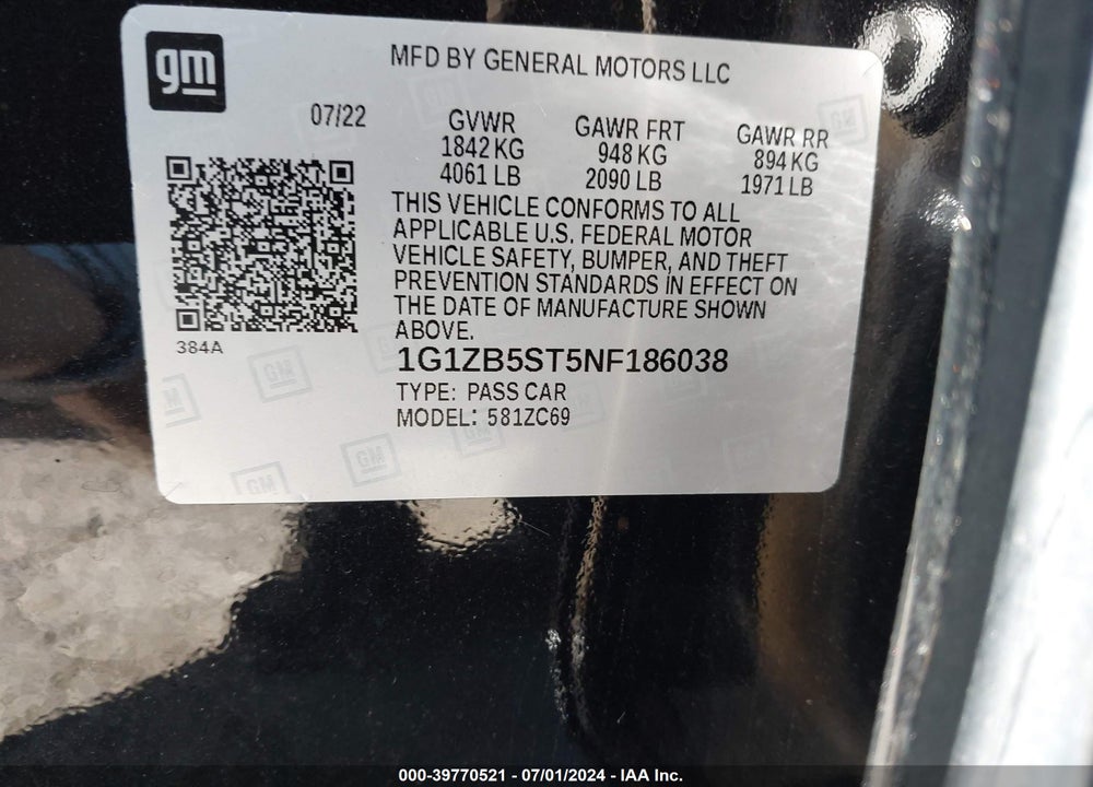 2022 CHEVROLET MALIBU FWD LS VIN: 1G1ZB5ST5NF186038