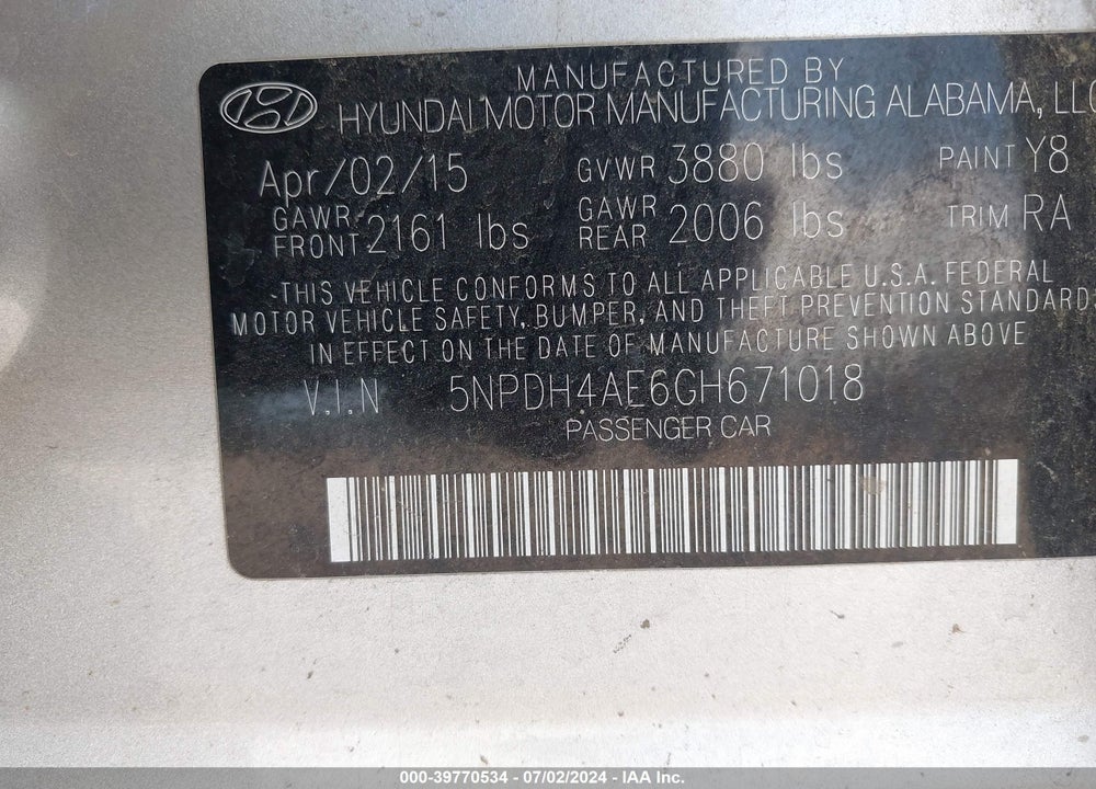 2016 HYUNDAI ELANTRA SE VIN: 5NPDH4AE6GH671018