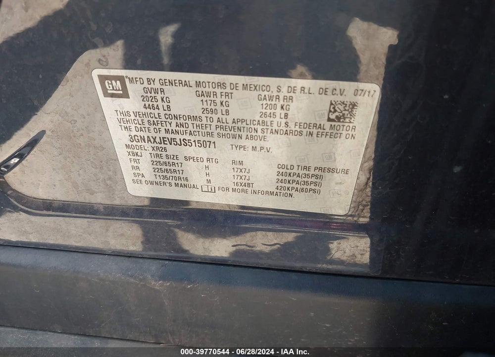 2018 CHEVROLET EQUINOX LT VIN: 3GNAXJEV5JS515071