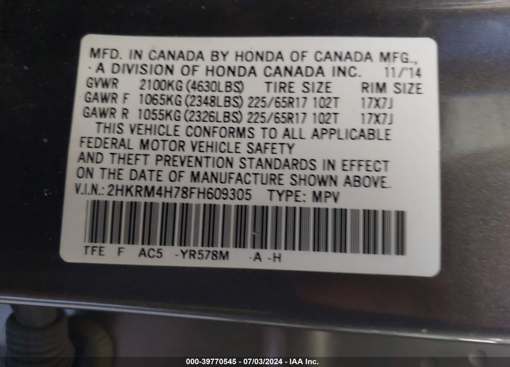 2015 HONDA CR-V EX-L VIN: 2HKRM4H78FH609305