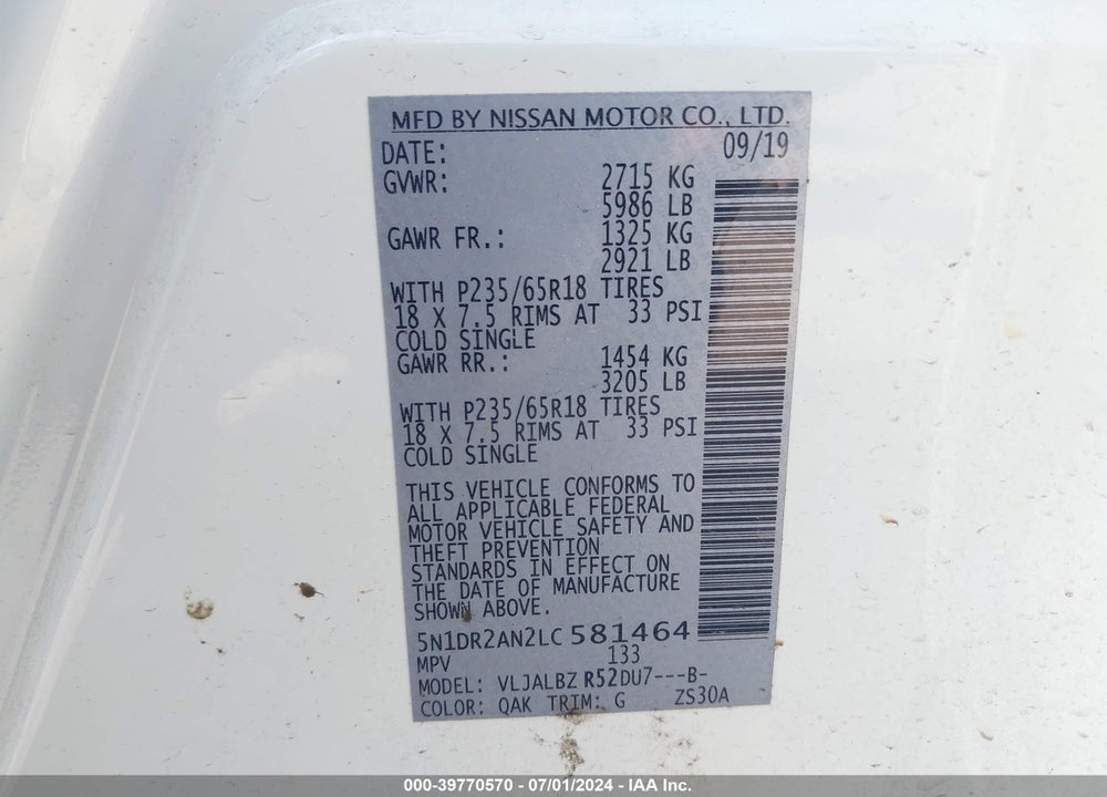 2020 NISSAN PATHFINDER S 2WD VIN: 5N1DR2AN2LC581464