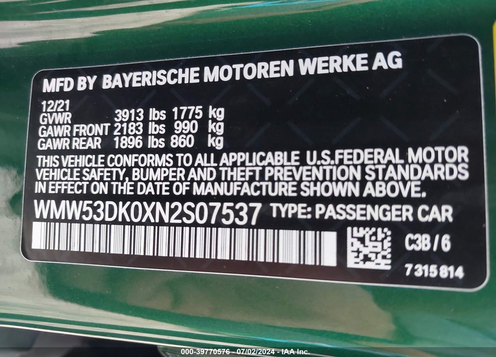 2022 MINI HARDTOP COOPER S VIN: WMW53DK0XN2S07537