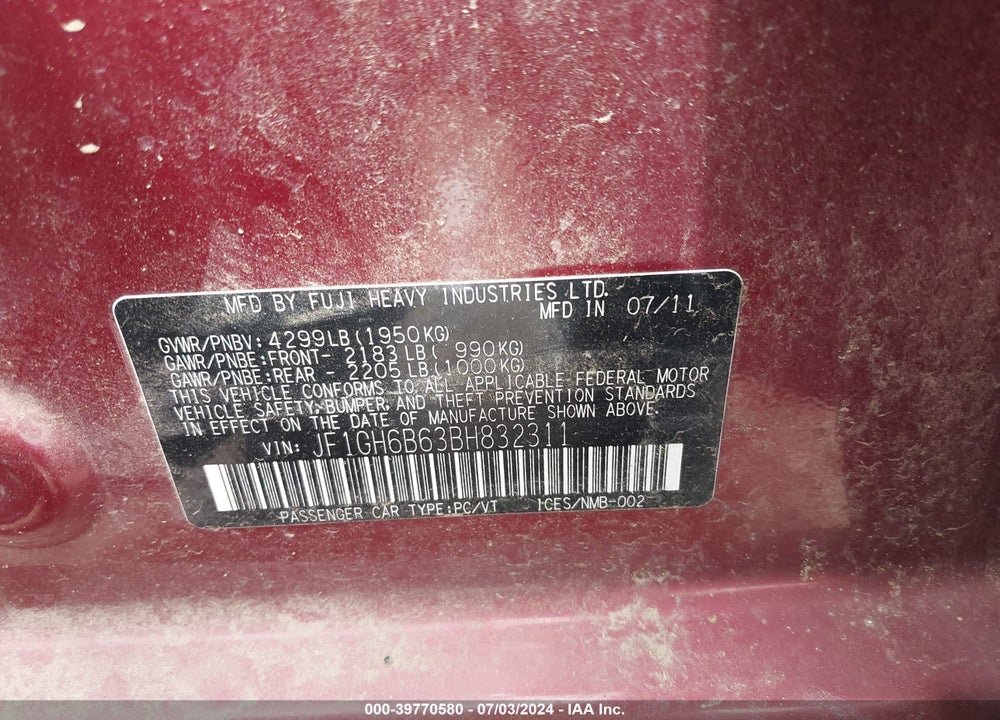 2011 SUBARU IMPREZA 2.5I PREMIUM VIN: JF1GH6B63BH832311