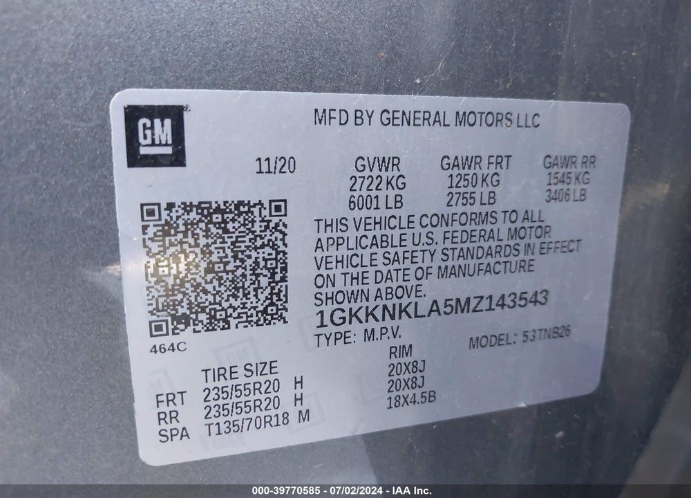 2021 GMC ACADIA FWD SLE VIN: 1GKKNKLA5MZ143543