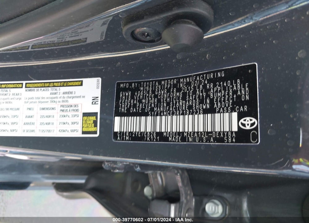2024 TOYOTA COROLLA XSE VIN: 5YFT4MCE3RP187236