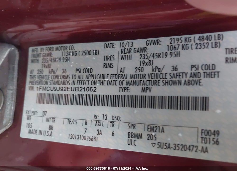 2014 FORD ESCAPE TITANIUM VIN: 1FMCU9J92EUB21062