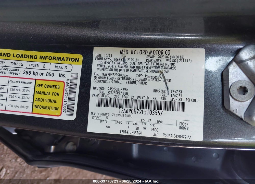 2015 FORD FUSION SE VIN: 1FA6P0H72F5103557