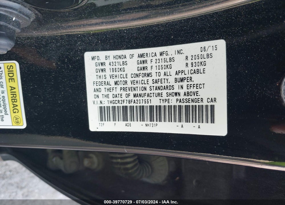 2015 HONDA ACCORD EX VIN: 1HGCR2F78FA207551