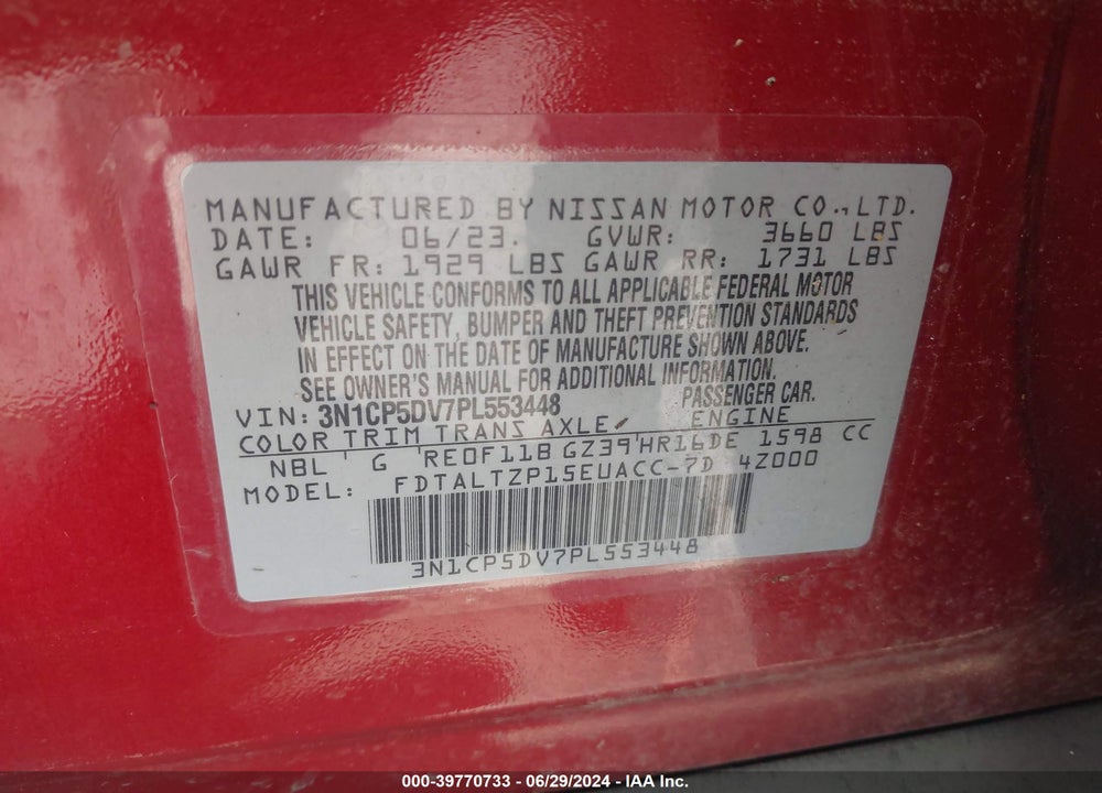 2023 NISSAN KICKS SR XTRONIC CVT VIN: 3N1CP5DV7PL553448