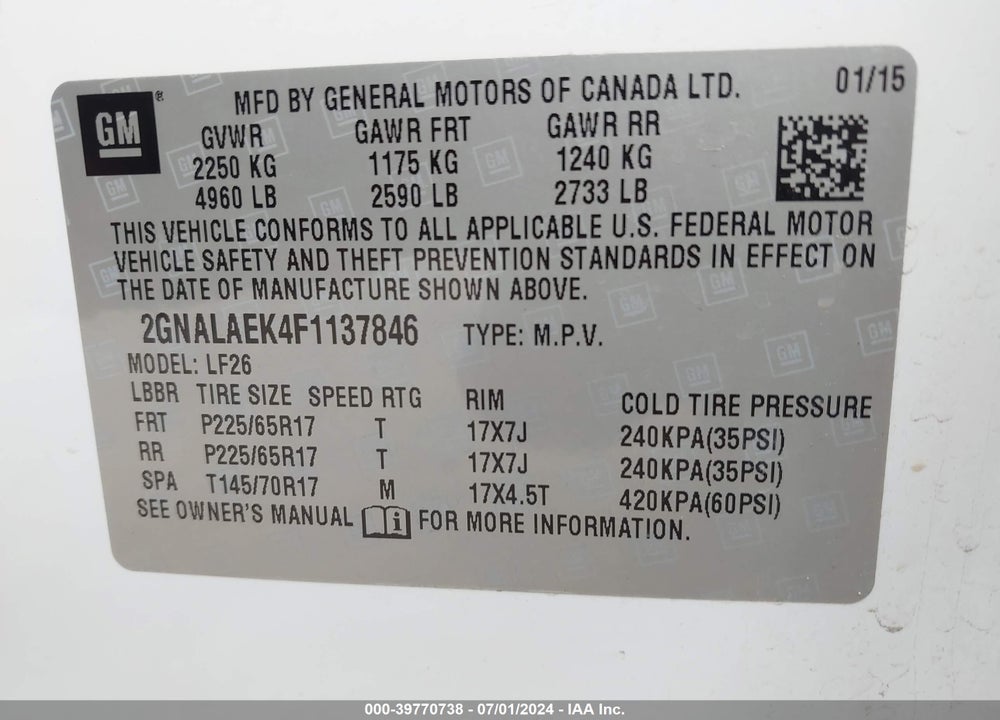 2015 CHEVROLET EQUINOX LS VIN: 2GNALAEK4F1137846