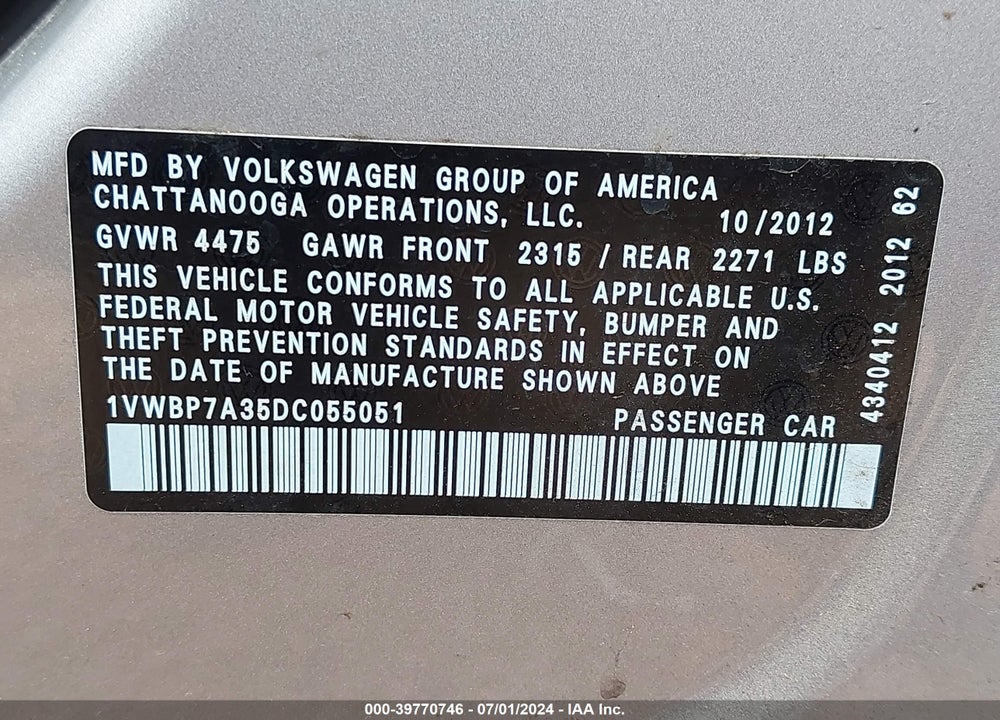 2013 VOLKSWAGEN PASSAT 2.5L SE VIN: 1VWBP7A35DC055051