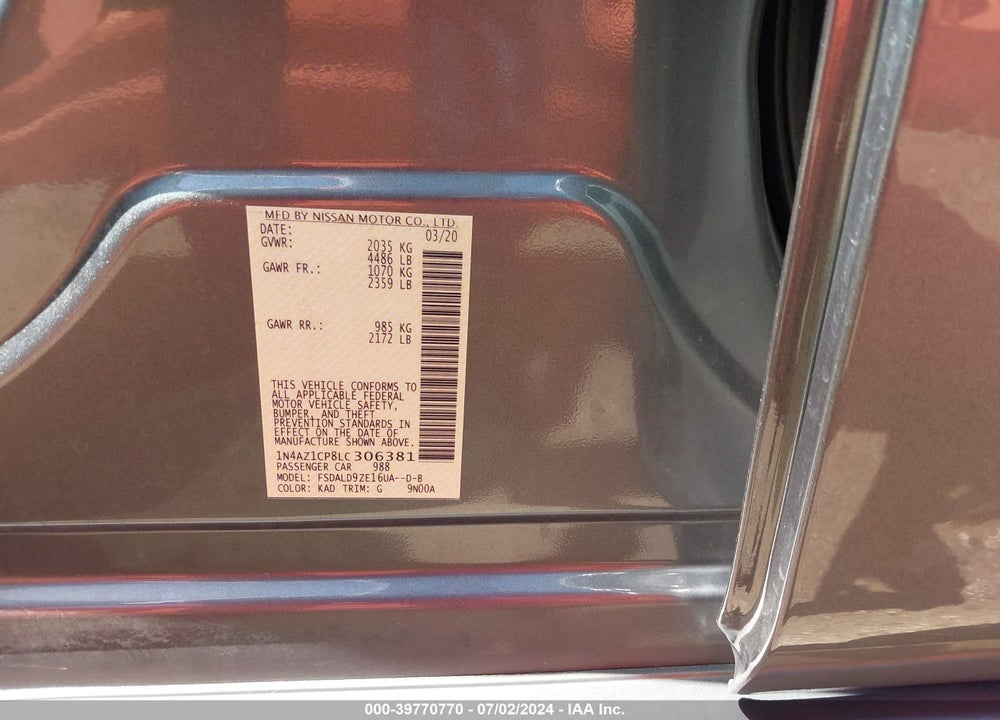 2020 NISSAN LEAF SV 40 KWH VIN: 1N4AZ1CP8LC306381
