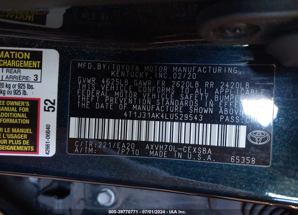 2020 TOYOTA CAMRY SE HYBRID VIN: 4T1J31AK4LU529543