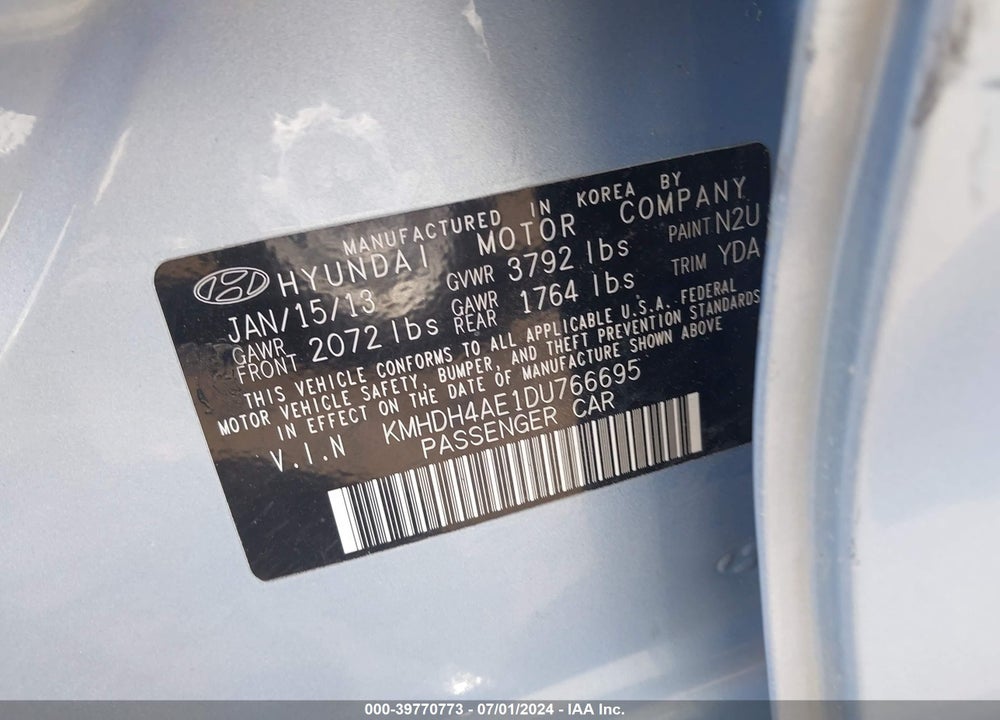 2013 HYUNDAI ELANTRA GLS VIN: KMHDH4AE1DU766695