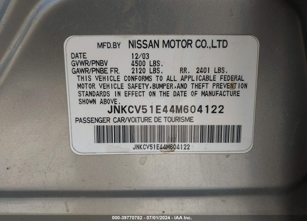 2004 INFINITI G35 VIN: JNKCV51E44M604122