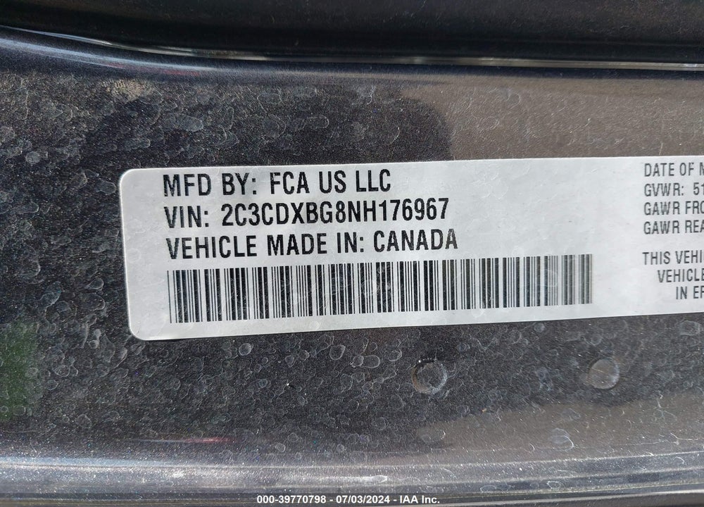 2022 DODGE CHARGER SXT RWD VIN: 2C3CDXBG8NH176967