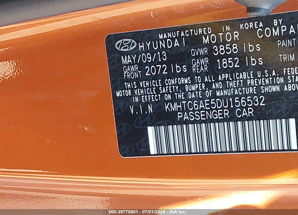2013 HYUNDAI VELOSTER TURBO W/BLACK VIN: KMHTC6AE5DU156532