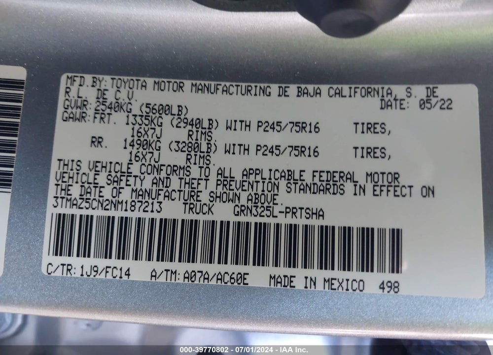 2022 TOYOTA TACOMA SR5 V6 VIN: 3TMAZ5CN2NM187213