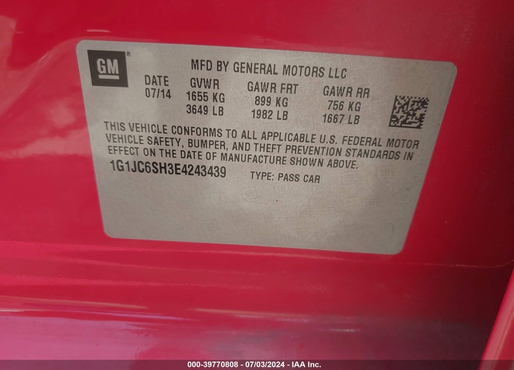 2014 CHEVROLET SONIC LT AUTO VIN: 1G1JC6SH3E4243439